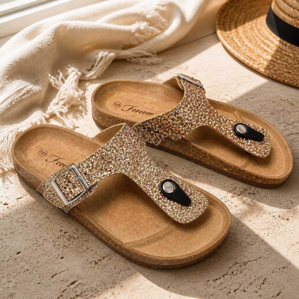 NWOB Forever GOLD Glitter Thong Sandals size 6.5